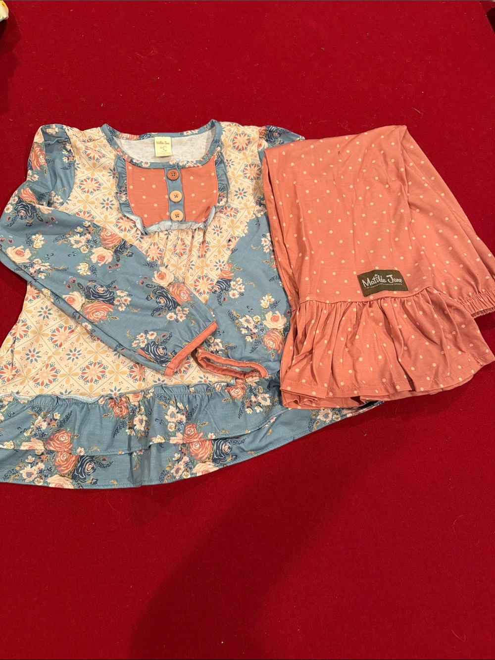 Matilda Jane Blue Floral Top with Coral Pink Polka-Dot Pajama Pants